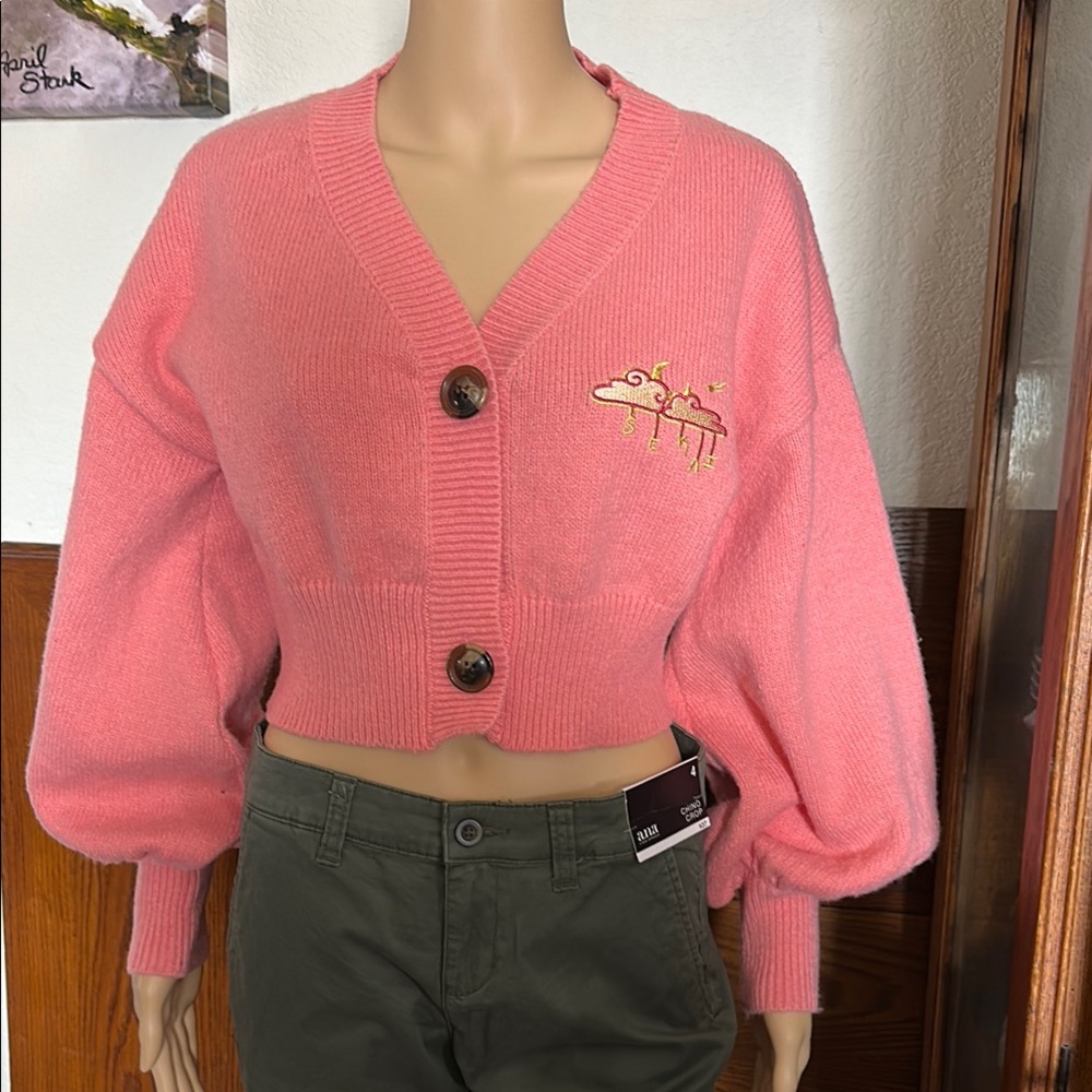 NWOT Seka Pink Cropped Sweater with Embroidery